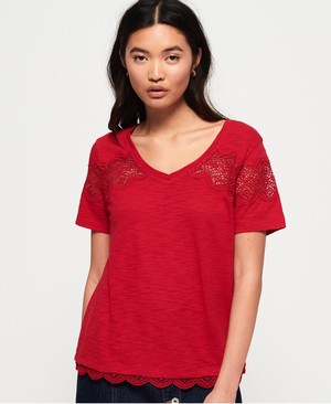 Superdry Lizzie Lace Insert Női Pólók Piros | JGEQY3721